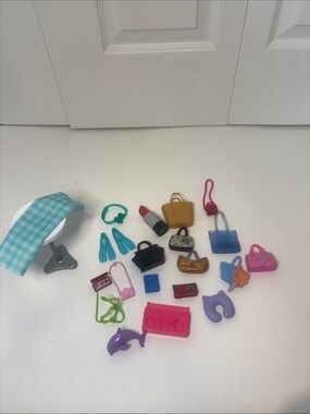 Barbie Accessories Lot Purses Bags Table Makeup Camera Dolphin Fins Mattel Toys